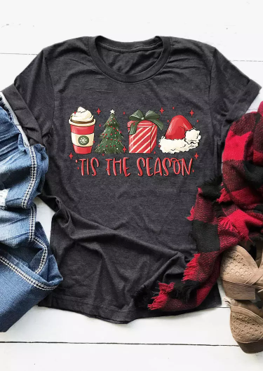 Christmas Tis The Season O-Neck T-Shirt Tee - Dark Grey