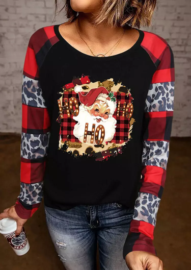 Ho Ho Ho Santa Claus Leopard Plaid T-Shirt Tee - Black