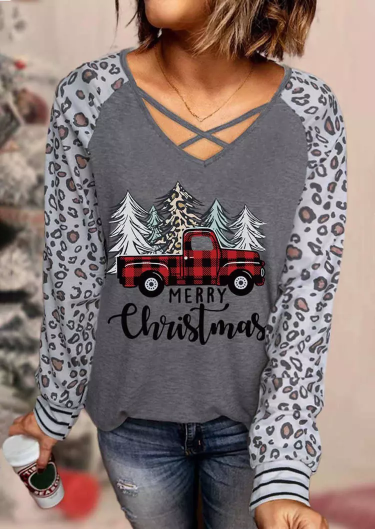 Merry Christmas Tree Plaid Leopard Cross-Tied Blouse - Gray