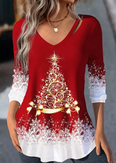 Christmas Tree Snowflake Gradient Hollow Out Blouse - Red