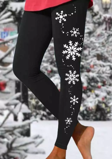 Snowflake Elastic Waist Skinny Leggings - Black