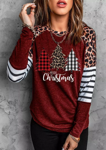 Merry Christmas Tree Buffalo Plaid Leopard Striped T-Shirt Tee - Burgundy