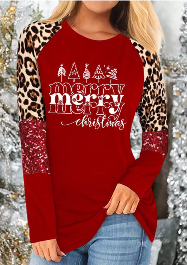 Merry Christmas Tree Leopard Glitter O-Neck T-Shirt Tee - Red