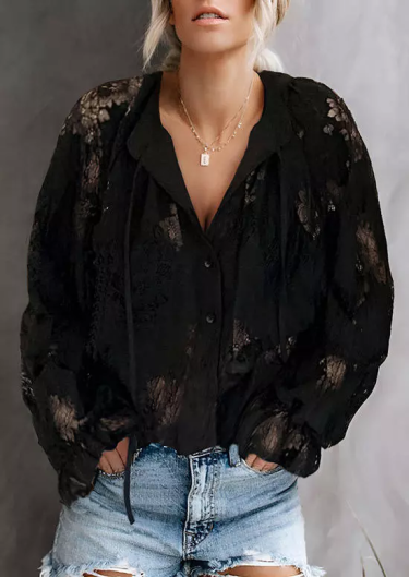 See-Through Tie Button Lace Splicing Blouse - Black