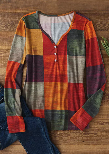 Colorful Plaid Button Notched Neck Long Sleeve Blouse