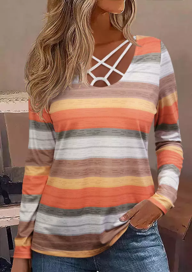    Colorful Striped Criss-Cross Long Sleeve Blouse