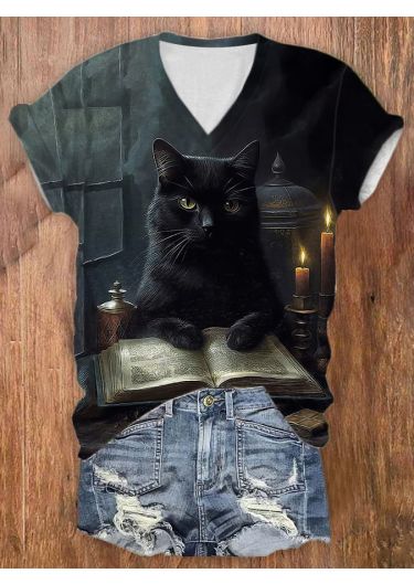Women's Black Cat Print Short Sleeve T-Shirt