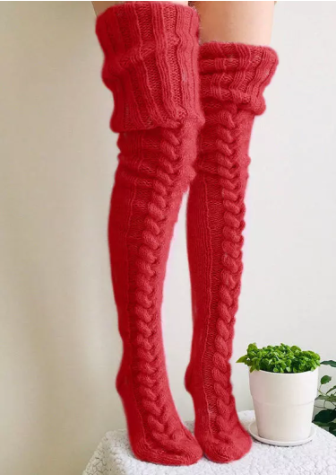 Soft Warm Over Knee Extra Long Knitted Socks - Red
