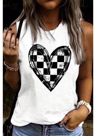 Heart-shape Checkerboard Graphic Round Neck Shift Casual Tank Tops