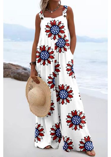 American Flag Sunflower Graphic Wide Leg Loose Tank Overalls Jumpsuits