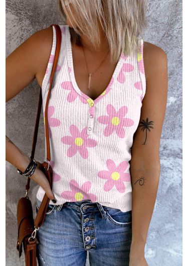 Pink Daisy Floral U Neck Shift Casual Tank Tops