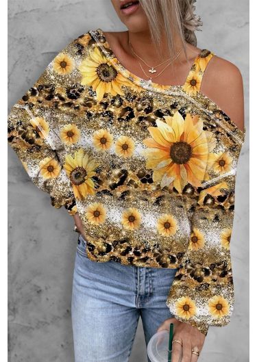 Sunflower Floral Asymmetrical Neck Casual Blouse