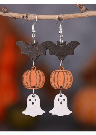 Women's Halloween Spooky Pumpkin Bat Wooden Earrings