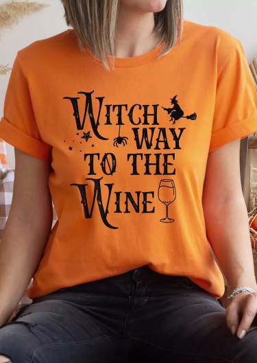 Halloween Witch Way To The Wine Spider T-Shirt Tee - Orange