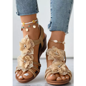Bohemian Floral Hollow Out Wedge Sandals - Apricot